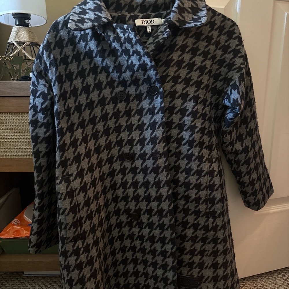 Dior Black and Gray Pea Coat with Bold Houndstooth Pattern